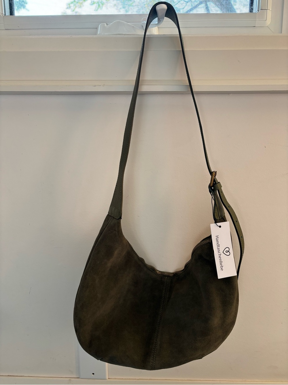 Khaki Green 100% Suede Crescent Crossbody Bag